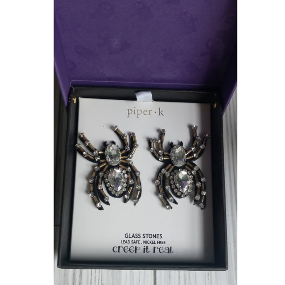 Piper K " Creep It Real" Glass Stone Bling Spider Earrings 2" Long - Picture 2 of 4